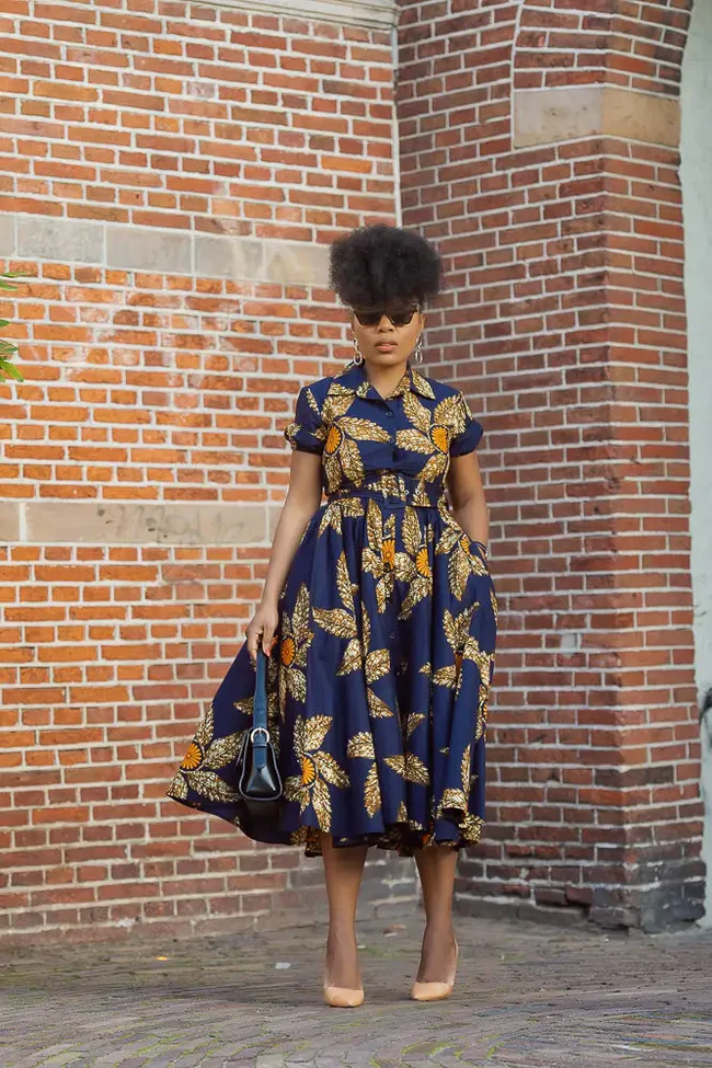 Thandiwe Navy Blue ans Brown African Print Dress