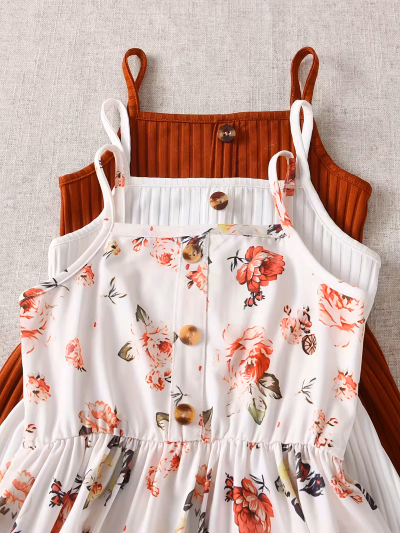 A 3pcs Set of Girls' Clothing Featuring a Sleeveless Floral Print Dress with Solid Color And Button Details, Perfect for Outings, Vacations, And School